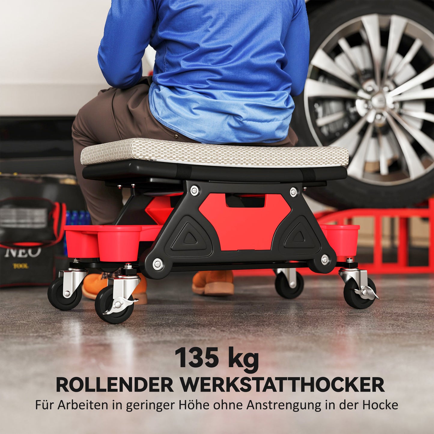 Workshop stool with wheels, storage area 35cm high, rolling stool, load capacity up to 135 kg, grey