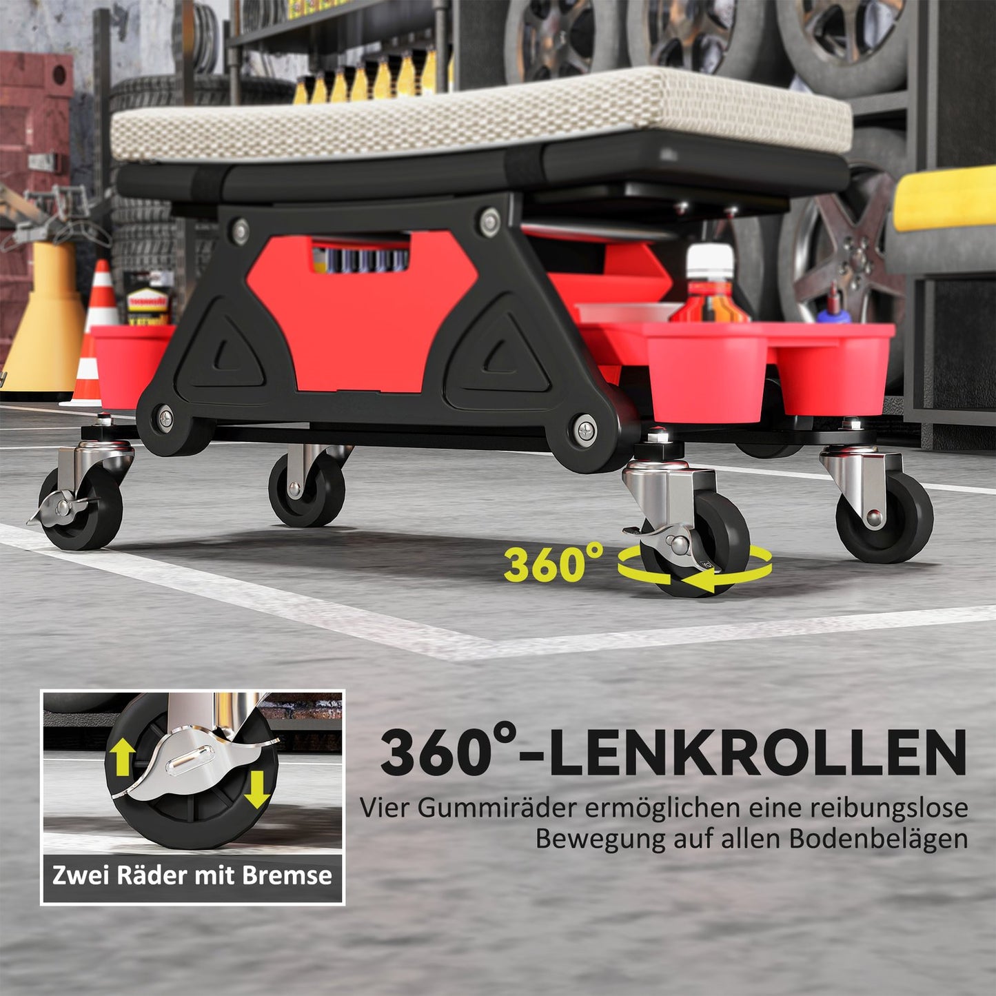 Workshop stool with wheels, storage area 35cm high, rolling stool, load capacity up to 135 kg, grey