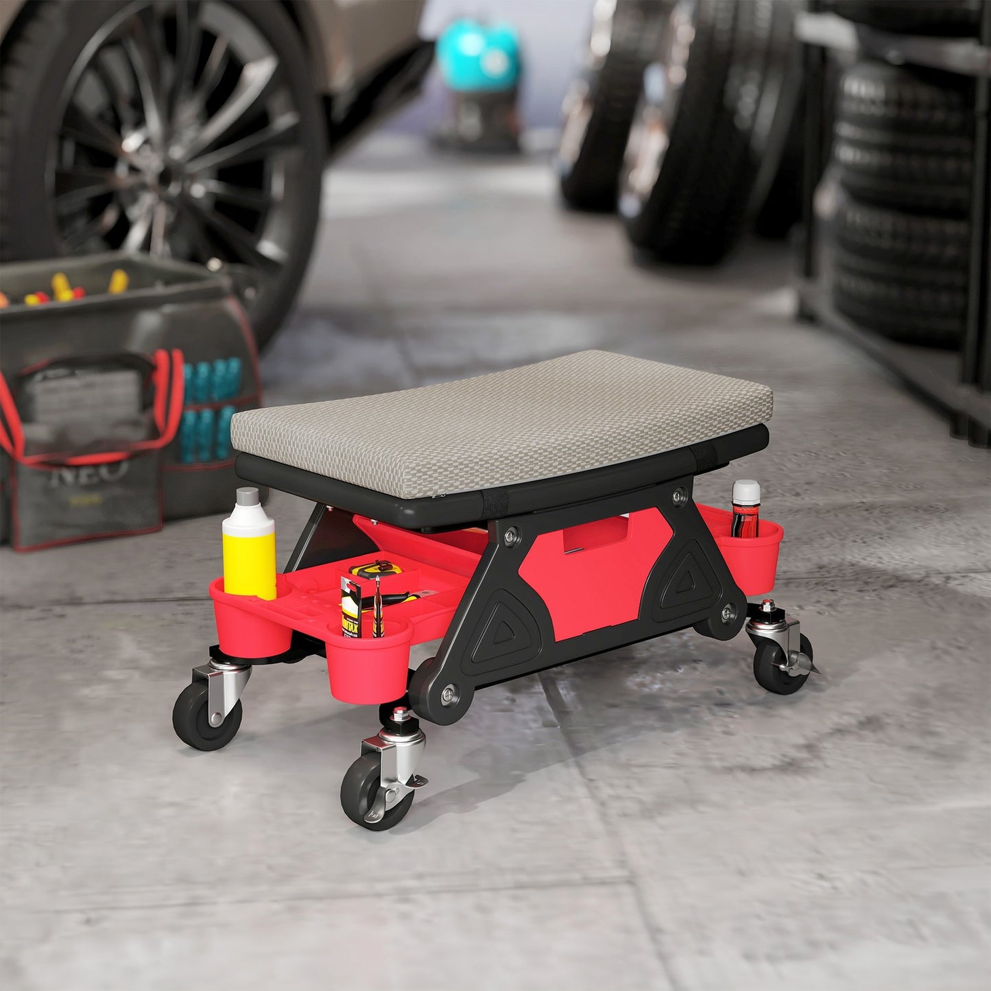 Workshop stool with wheels, storage area 35cm high, rolling stool, load capacity up to 135 kg, grey