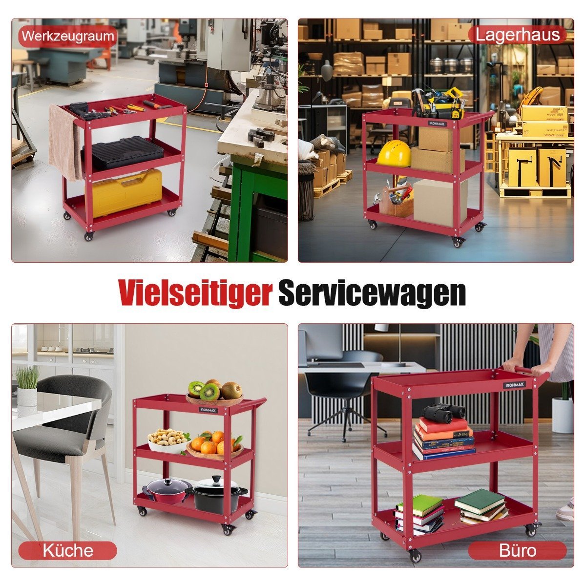 Workshop trolley 3 levels workshop trolley with 4 universal wheels & handle 73 x 36 x 75 cm red