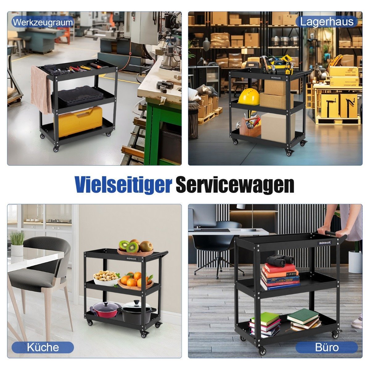 Workshop trolley 3 tier workshop trolley with 4 universal wheels & handle 73 x 36 x 75 cm black
