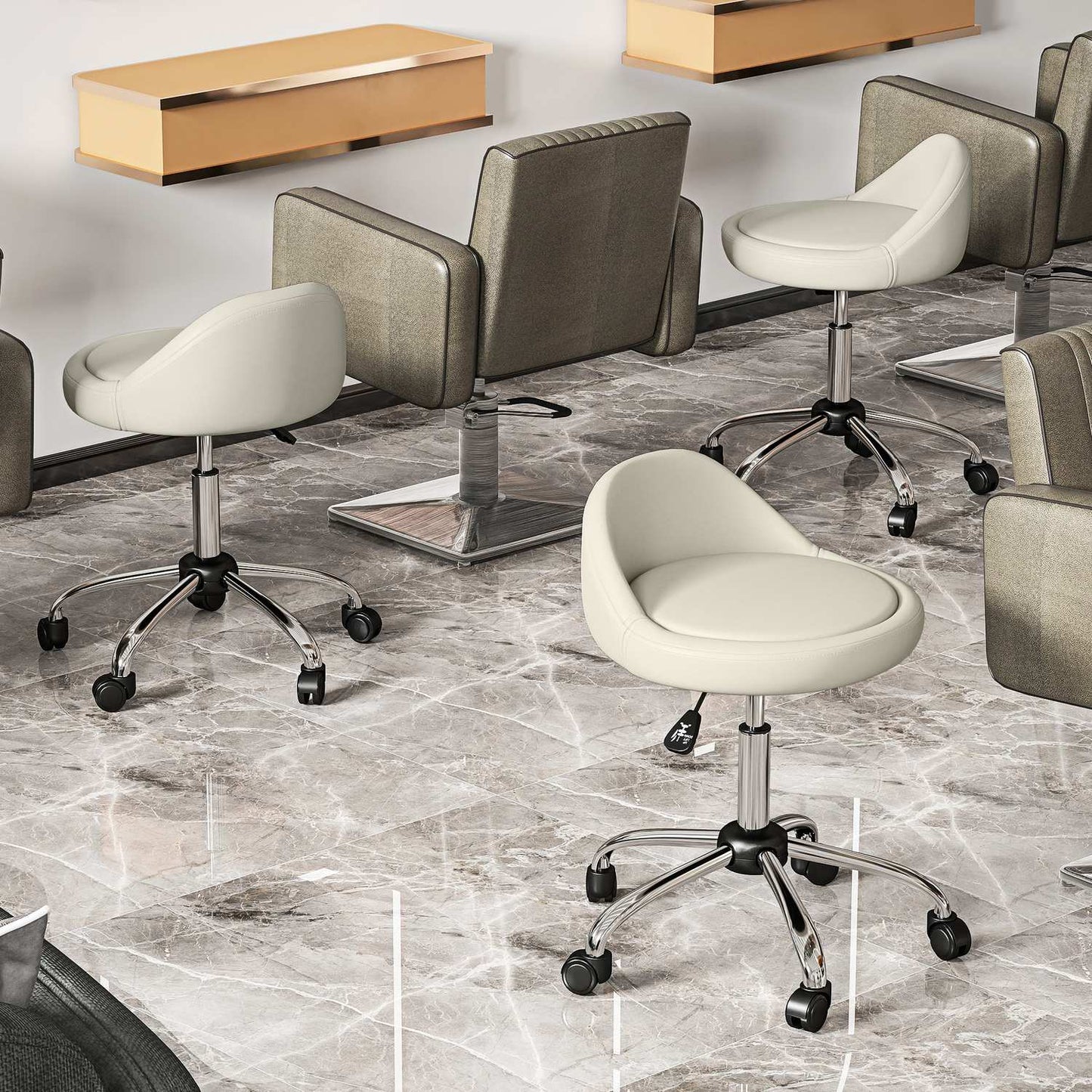 Adjustable Swivel Stool, White Faux Leather, 360° Rotation