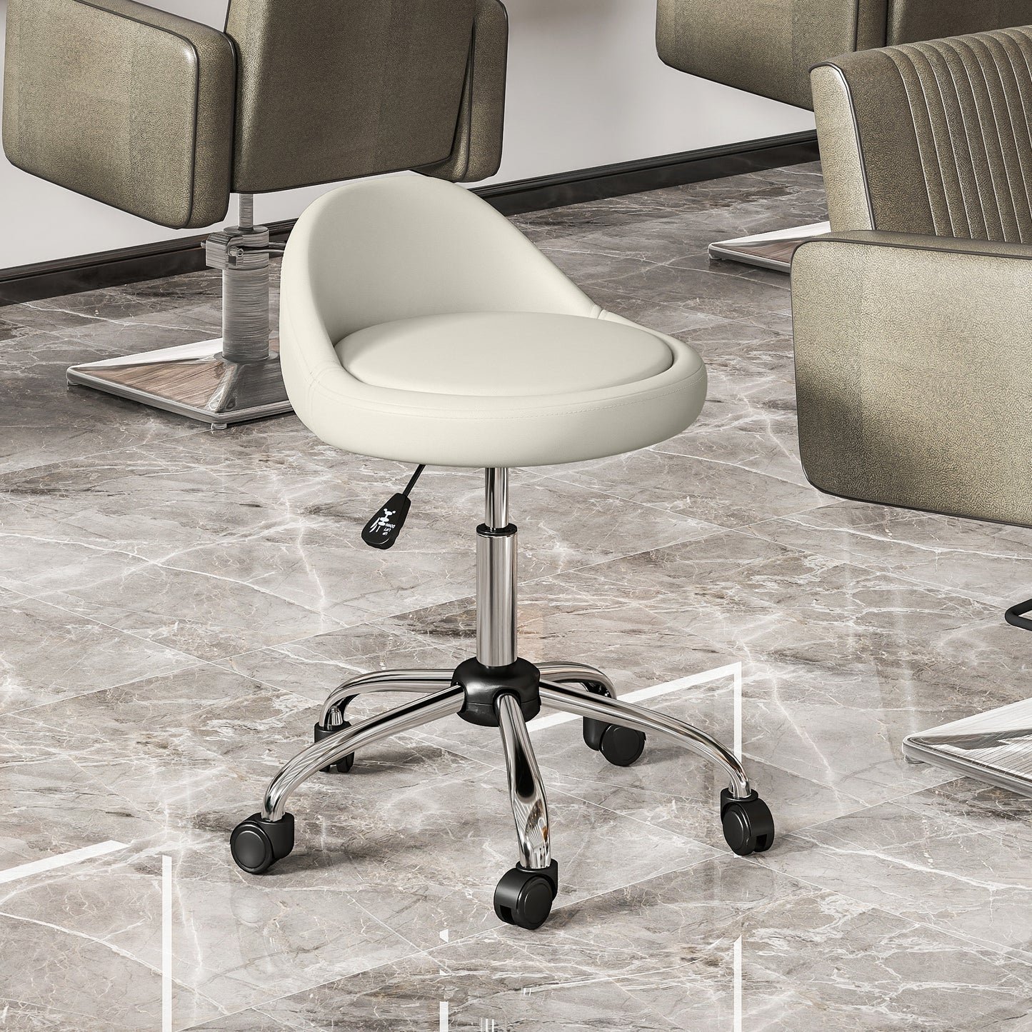 Adjustable Swivel Stool, White Faux Leather, 360° Rotation