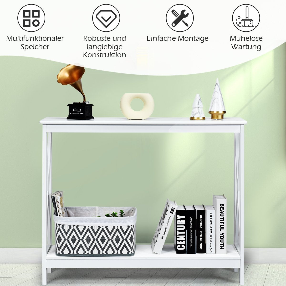 X-shaped narrow console table with 2 levels 100 x 30 x 80 cm white