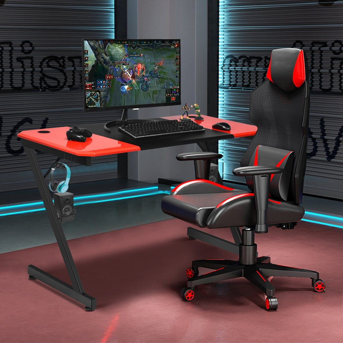 Z-shaped gaming table computer table PC table with cup holder headphone hook & speaker stand desk black/red