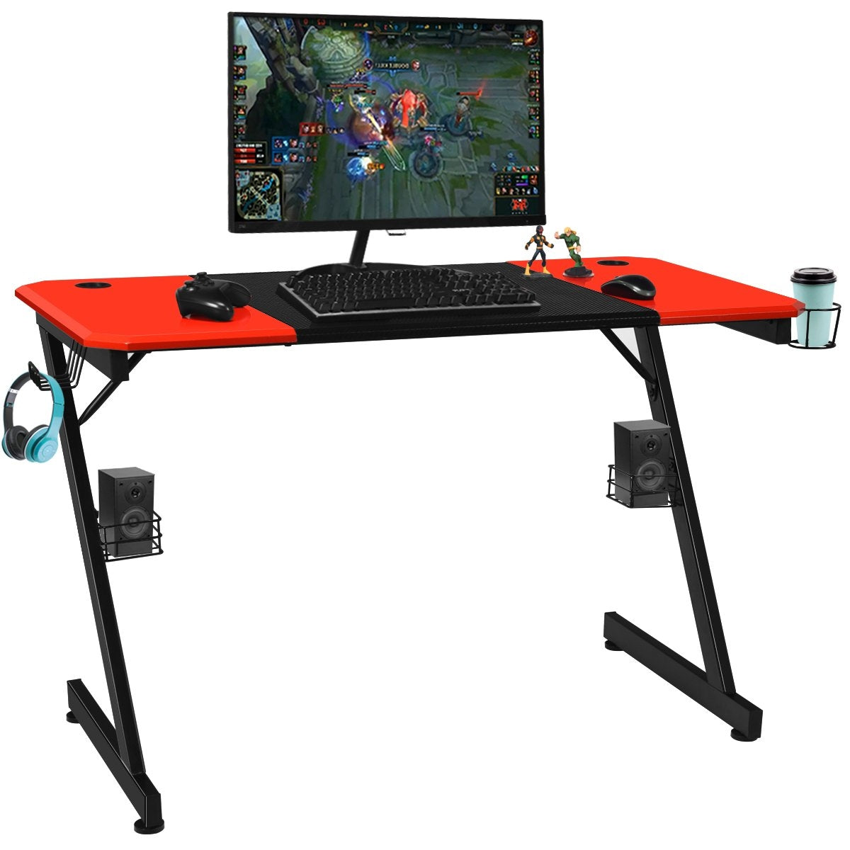 Z-shaped gaming table computer table PC table with cup holder headphone hook & speaker stand desk black/red