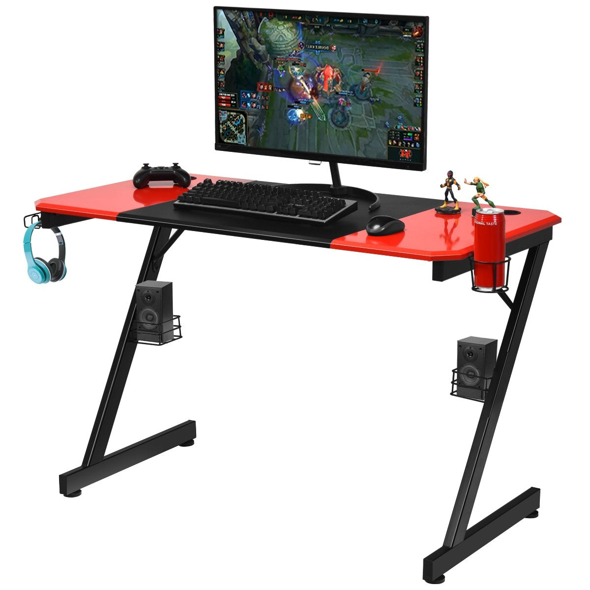 Z-shaped gaming table computer table PC table with cup holder headphone hook & speaker stand desk black/red