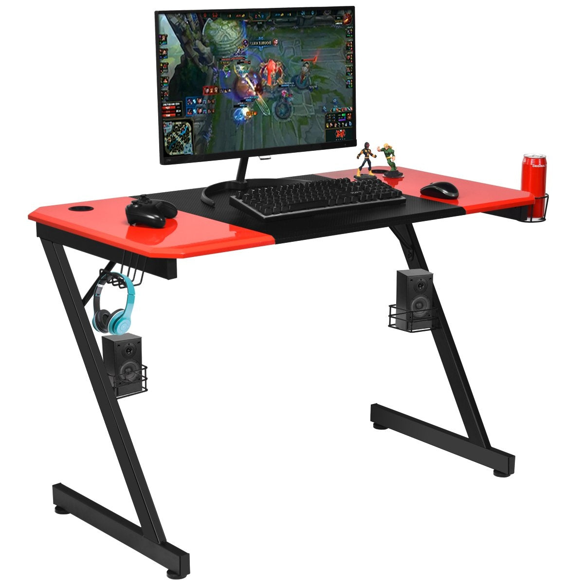 Z-shaped gaming table computer table PC table with cup holder headphone hook & speaker stand desk black/red
