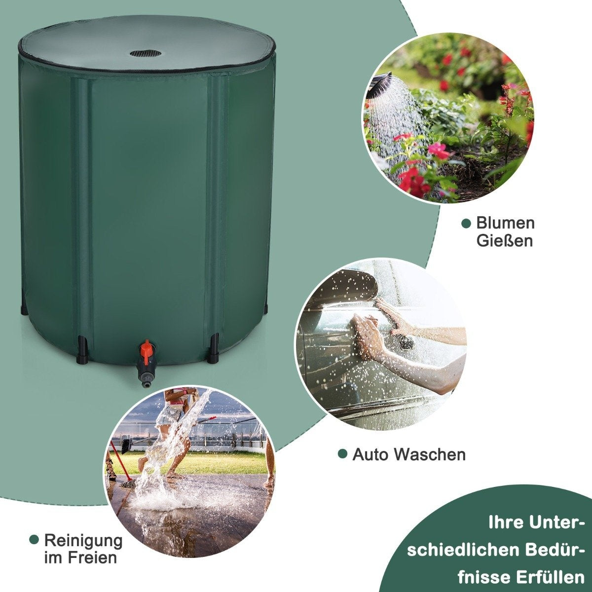 foldable rain barrel water storage 60cm x 60cm x 80cm dark green