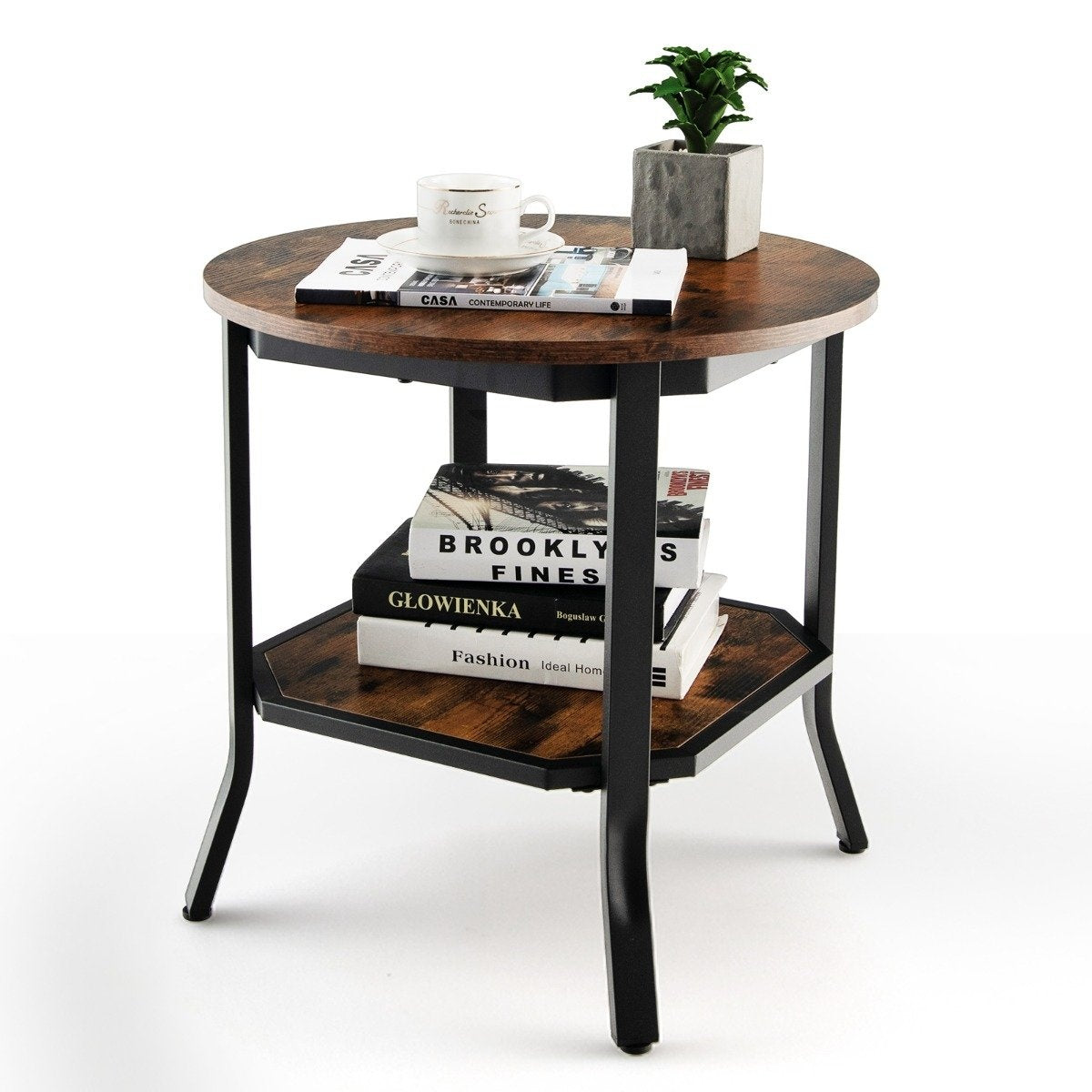 industrial round 2 tier side table with open shelf and steel legs 50 x 50 x 49.5 cm brown