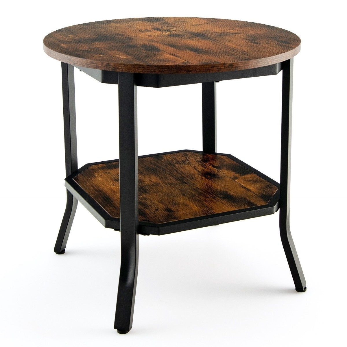 industrial round 2 tier side table with open shelf and steel legs 50 x 50 x 49.5 cm brown