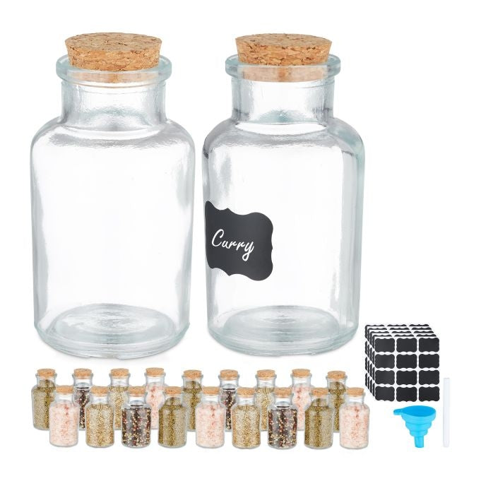 set of 20 spice jars with cork lids