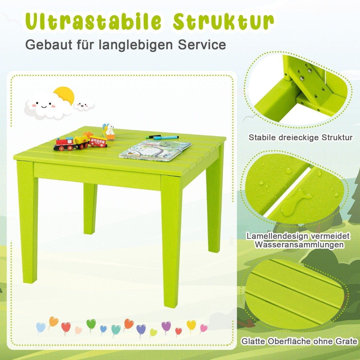 square children's table weatherproof durable play table green 64.5 cm x 64.5 cm