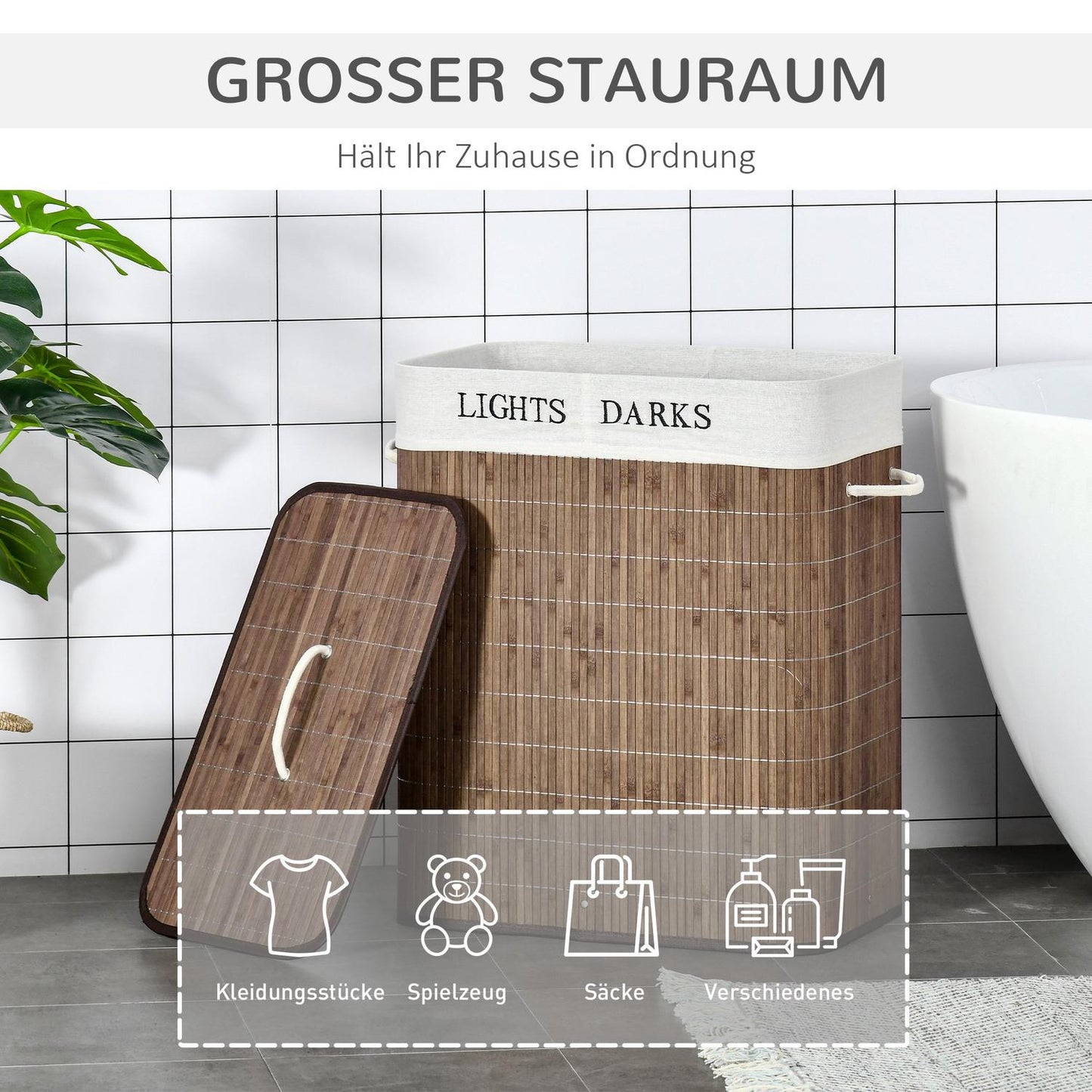 100L laundry basket - bamboo, cotton, 3 handles, washable