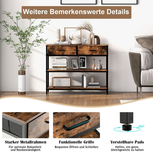100cm Console Table with 2 Fabric Drawers 3 Tier Side Table Rustic Brown