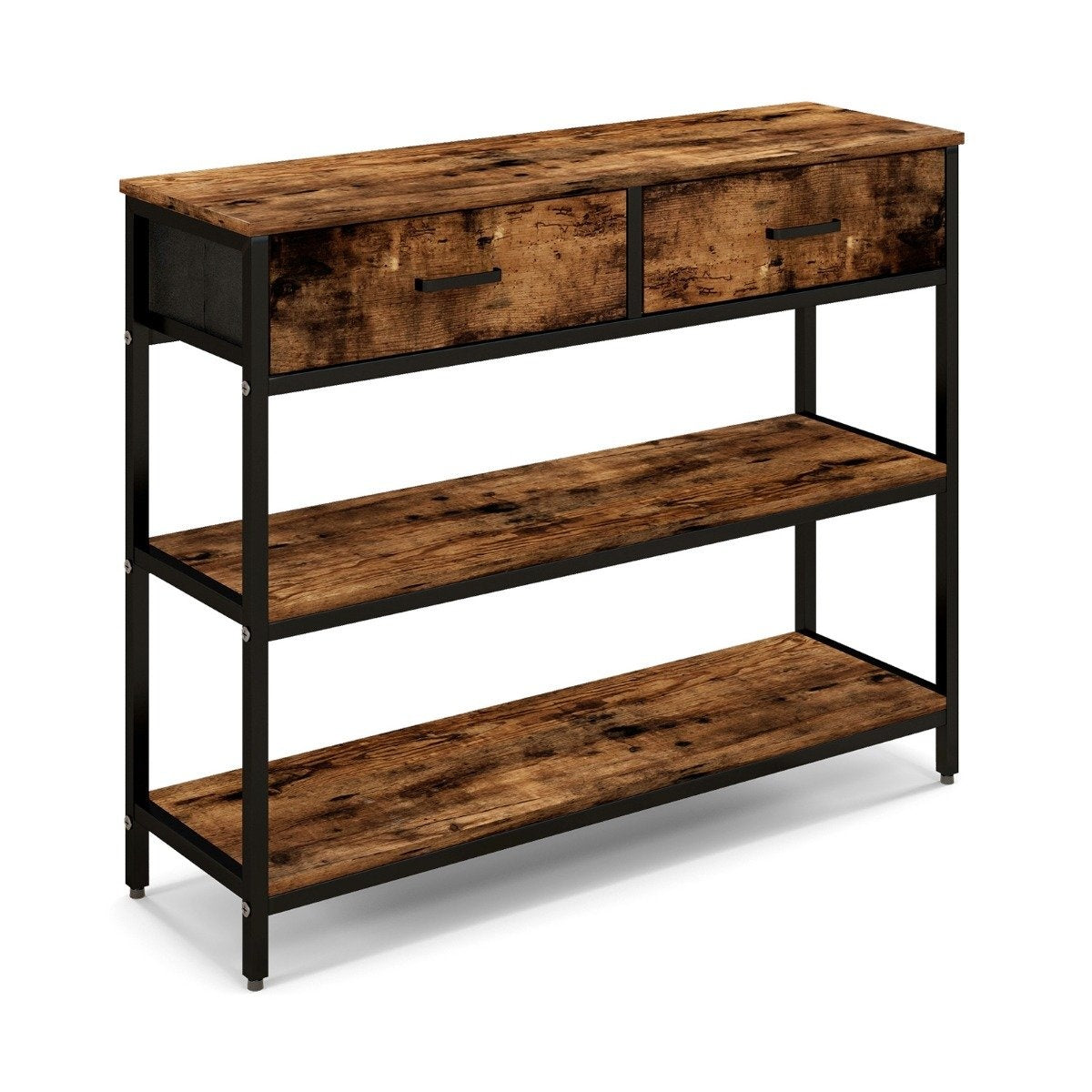 100cm Console Table with 2 Fabric Drawers 3 Tier Side Table Rustic Brown