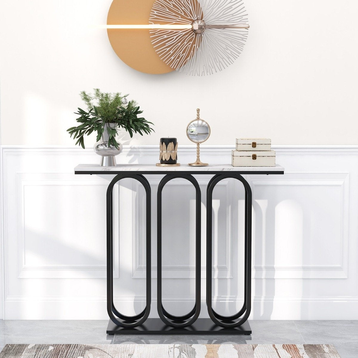 100cm Faux Marble Console Table with Adjustable Foot Pads & Metal Frame & Anti-tip Sets