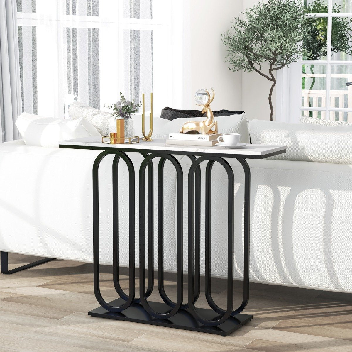 100cm Faux Marble Console Table with Adjustable Foot Pads & Metal Frame & Anti-tip Sets