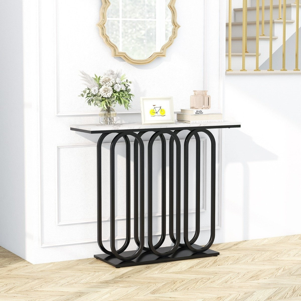 100cm Faux Marble Console Table with Adjustable Foot Pads & Metal Frame & Anti-tip Sets