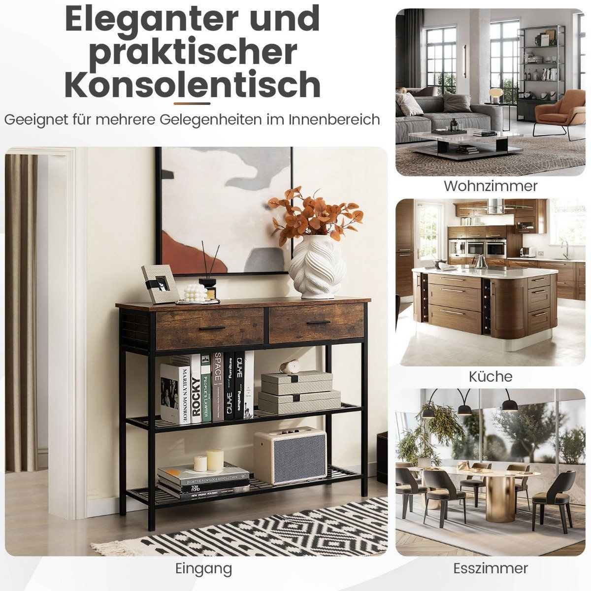 100 cm console table with 2 drawers 3 levels hallway table made of wood side table with metal frame rustic brown