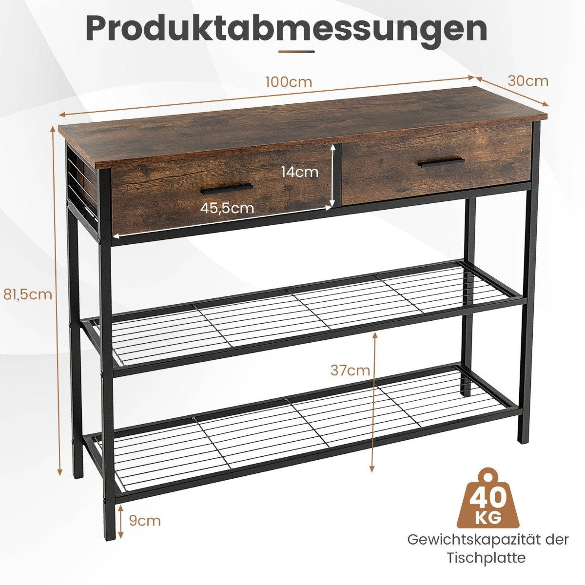 100 cm console table with 2 drawers 3 levels hallway table made of wood side table with metal frame rustic brown