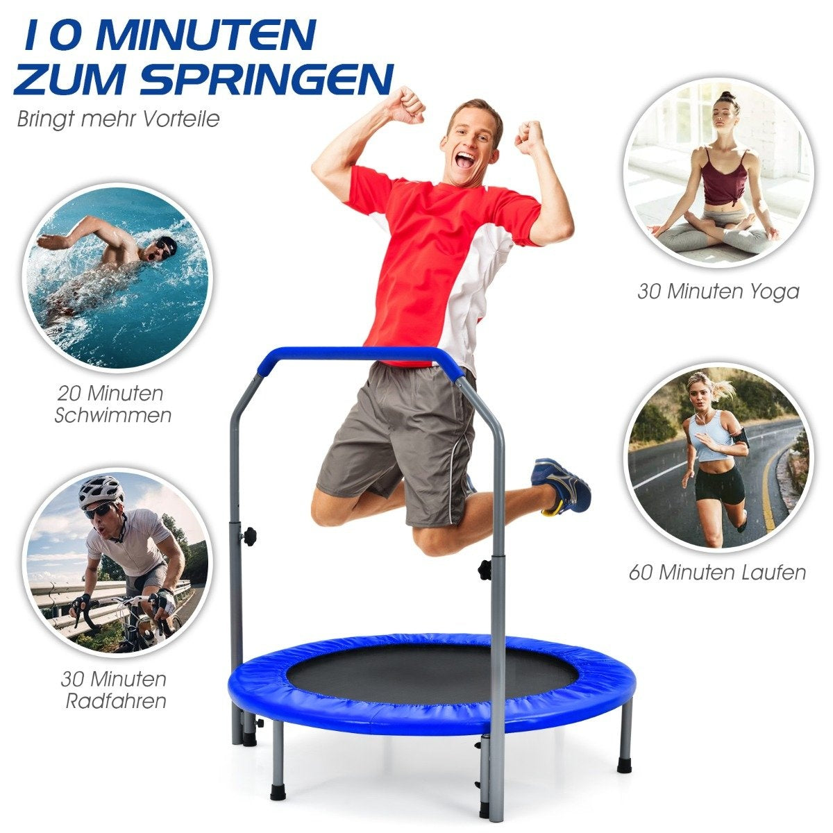 Ø101 cm folding mini trampoline fitness trampoline with height-adjustable handle blue + black