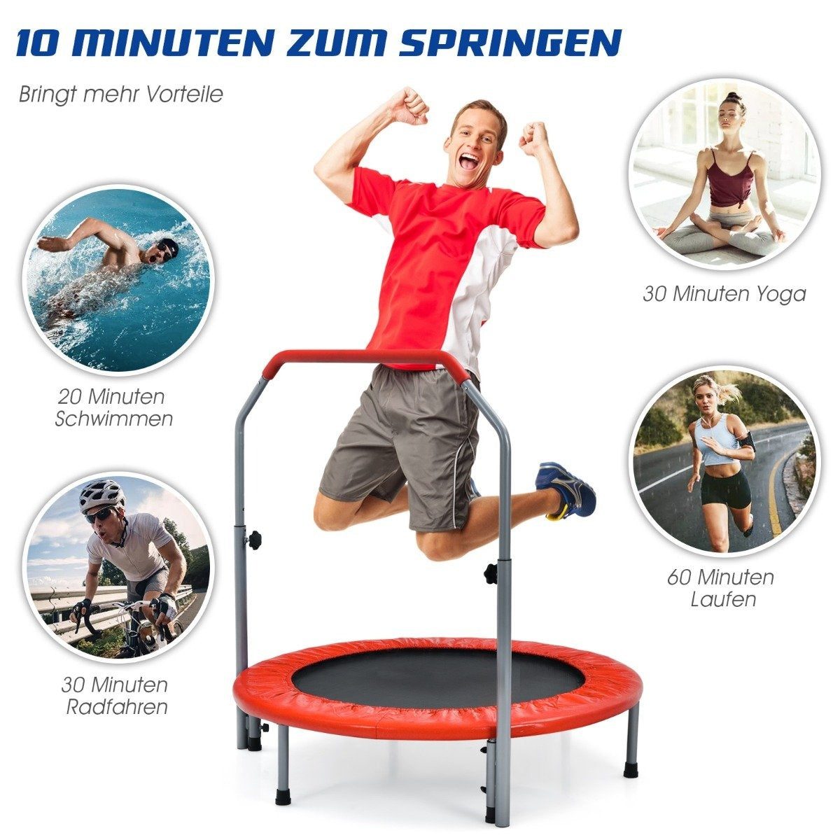 Ø101 cm folding mini trampoline with height-adjustable handle fitness trampoline red