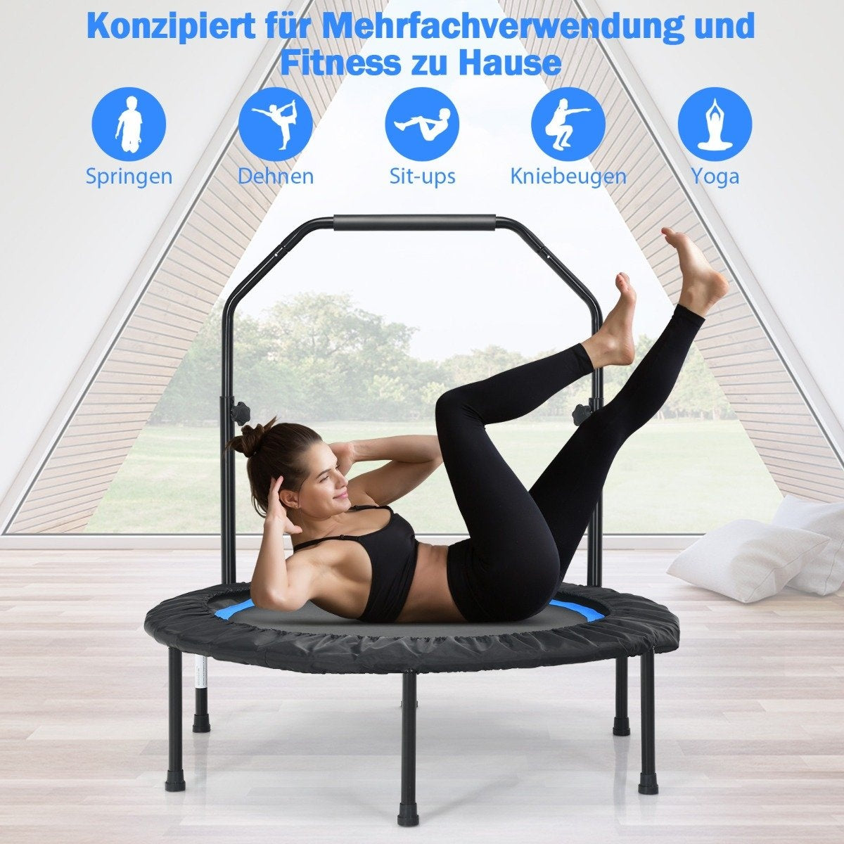 Ø101 cm trampoline with 2 resistance bands mini trampoline with height-adjustable handle black + blue