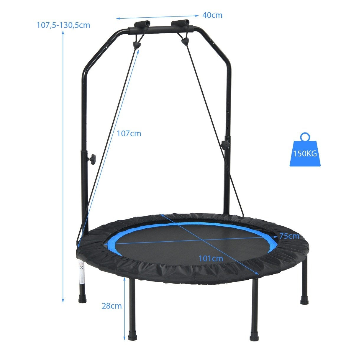 Ø101 cm trampoline with 2 resistance bands mini trampoline with height-adjustable handle black + blue