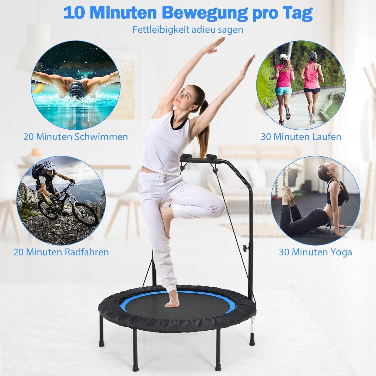 Ø101 cm trampoline with 2 resistance bands mini trampoline with height-adjustable handle black + blue
