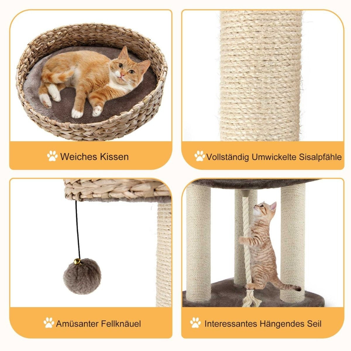 104cm Wooden Cat Tree with Beds & Toy Ball & Rope & Sisal Wrapped Columns