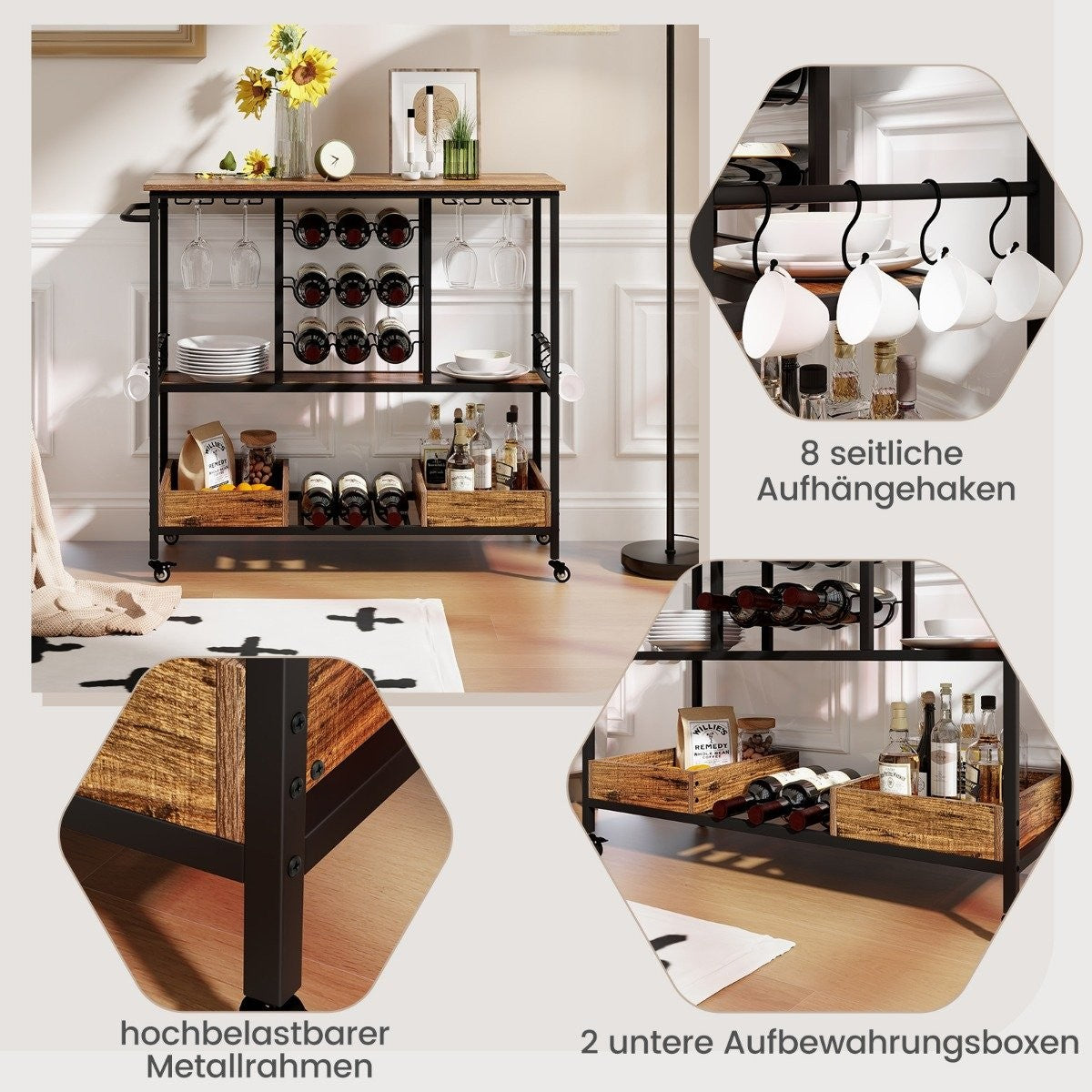 108 x 40 x 91 cm 3-tier kitchen trolley with wheels &amp; Glass holders &amp; Wine Rack &amp; Hook serving trolley trolley brown