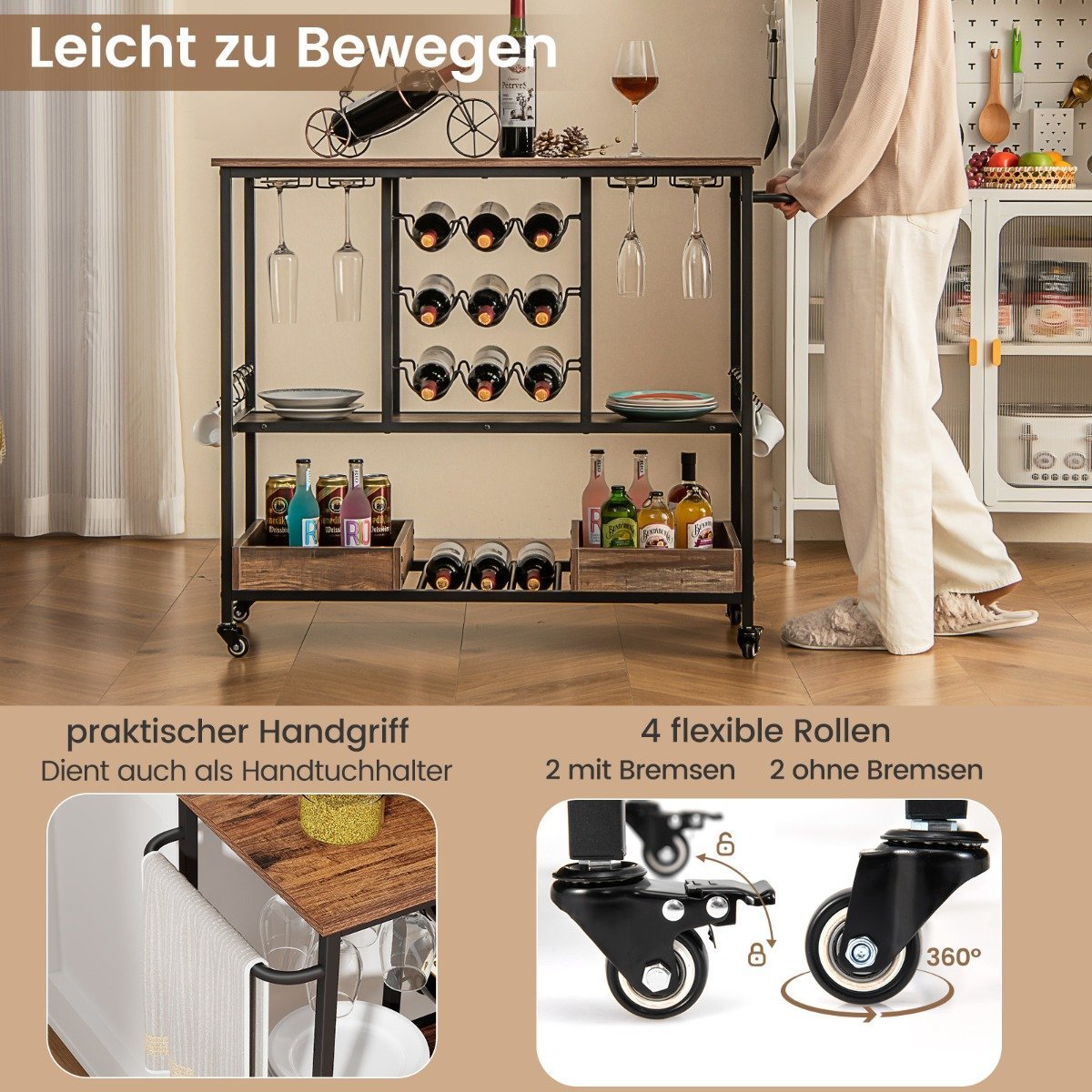 108 x 40 x 91 cm 3-tier kitchen trolley with wheels &amp; Glass holders &amp; Wine Rack &amp; Hook serving trolley trolley brown