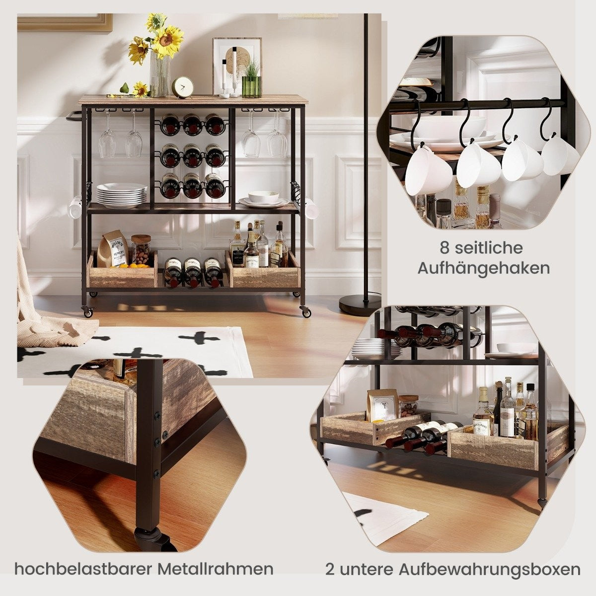 108 x 40 x 91 cm 3-tier kitchen trolley with wheels &amp; Glass holders &amp; Wine Rack &amp; Hook serving trolley trolley gray