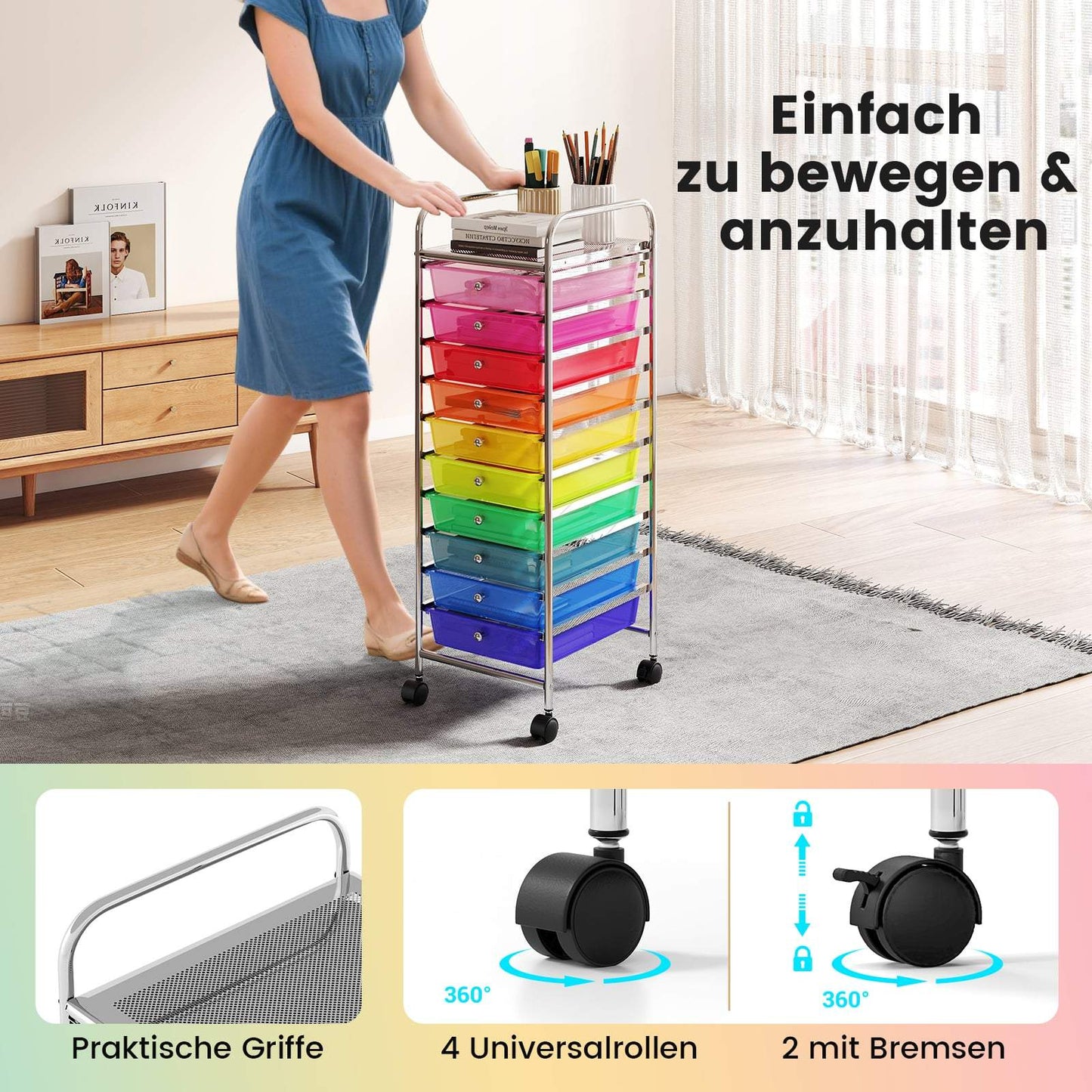 10-Drawer Rolling Cart with Lockable Wheels, Metal Frame