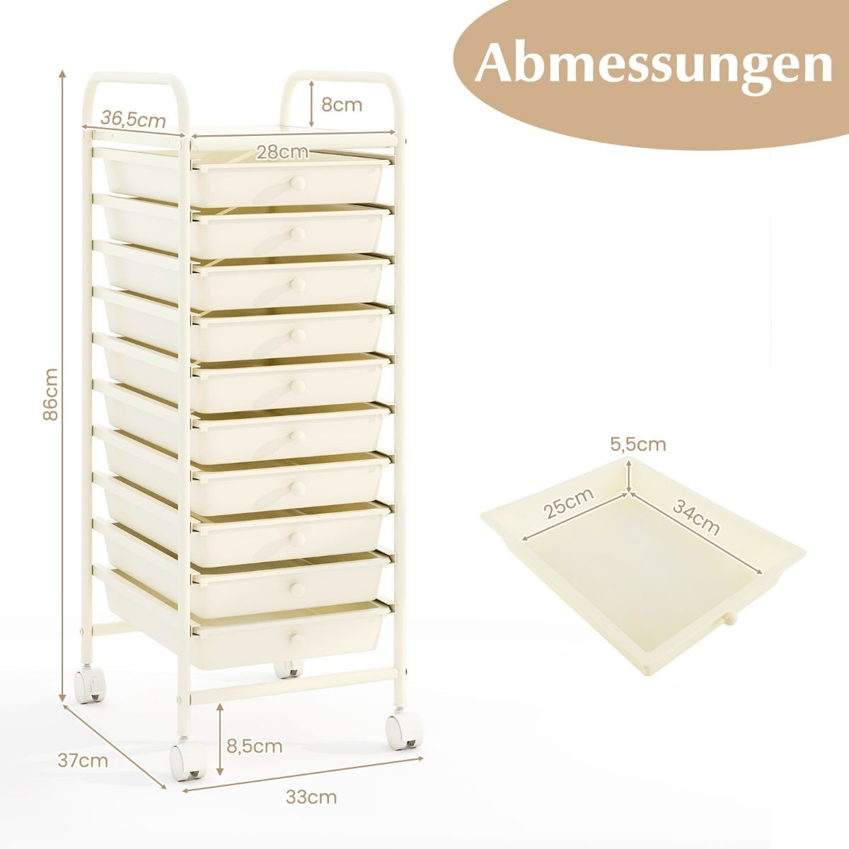 10-Drawer Rolling Storage Cart, 33x37x86 cm, White