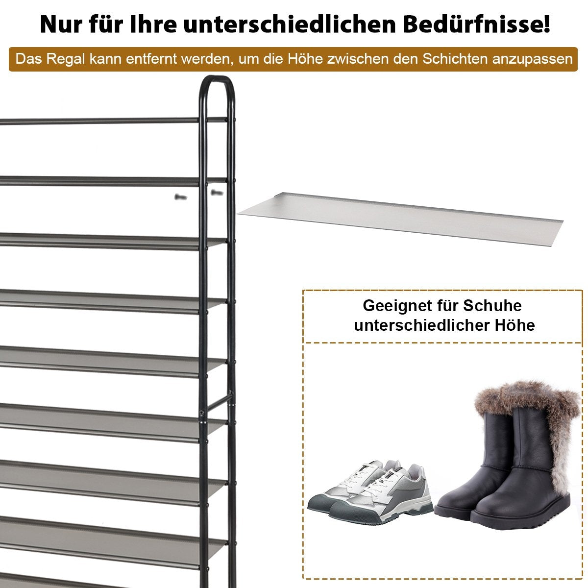 10-Tier Shoe Rack, Removable Shelves, Metal Frame, Black