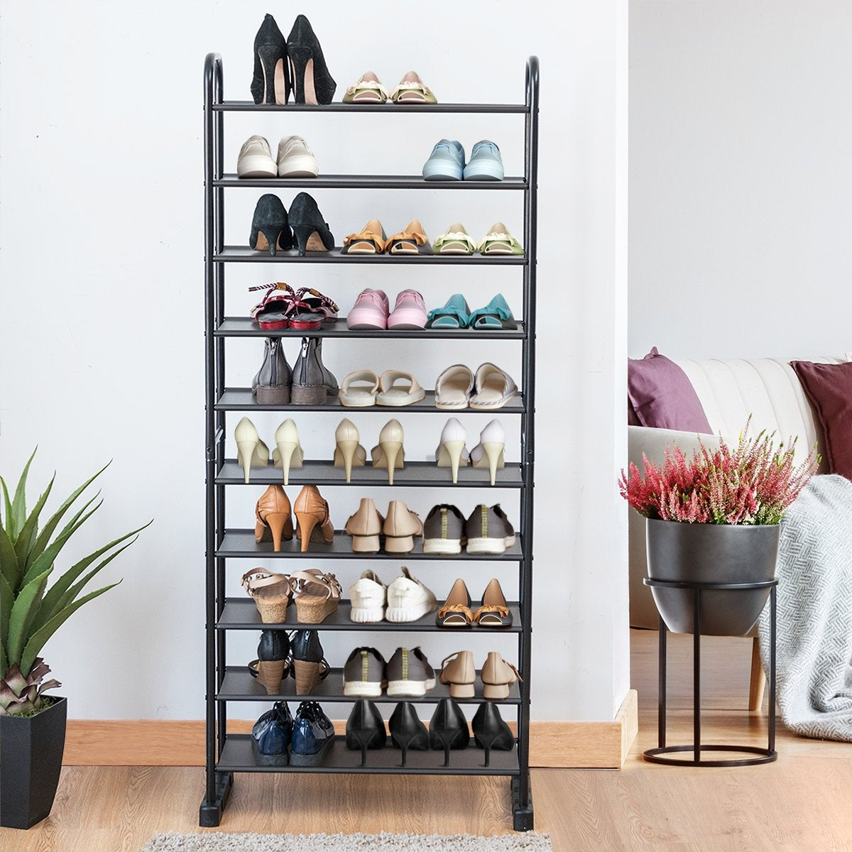 10-Tier Shoe Rack, Removable Shelves, Metal Frame, Black