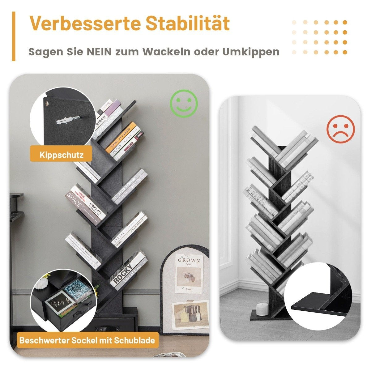 10 Tier Tree Bookcase with Drawer Floor Standing Storage Rack Black