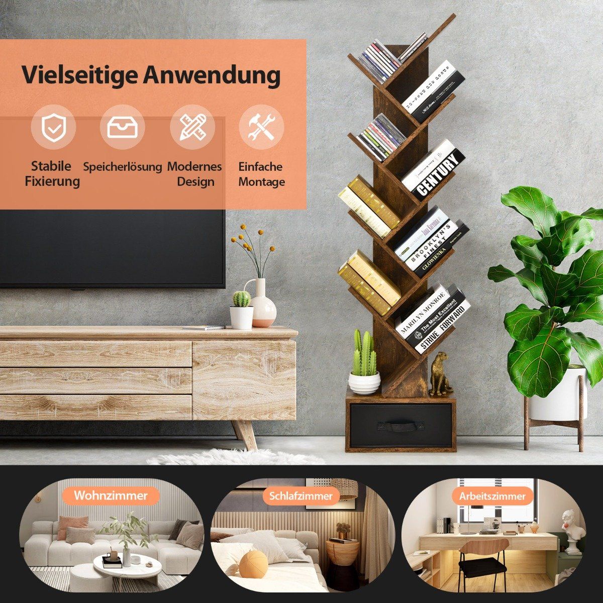 10 Tier Tree Bookcase with Drawer for Bedroom/Living Room Rustic Brown