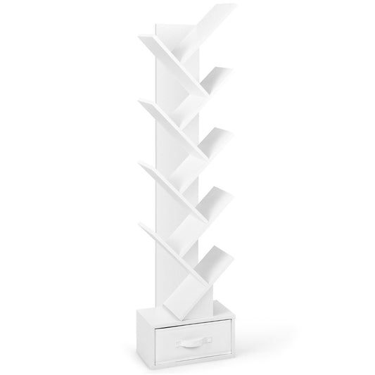10 Tier Tree Bookshelf with Drawer Floor Standing Storage Rack White