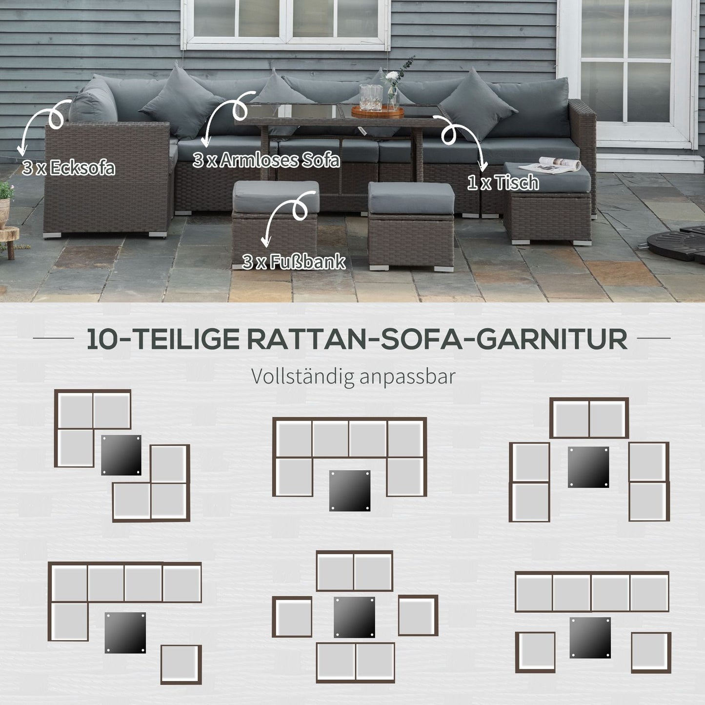 10-piece dark gray rattan patio set with cushions
