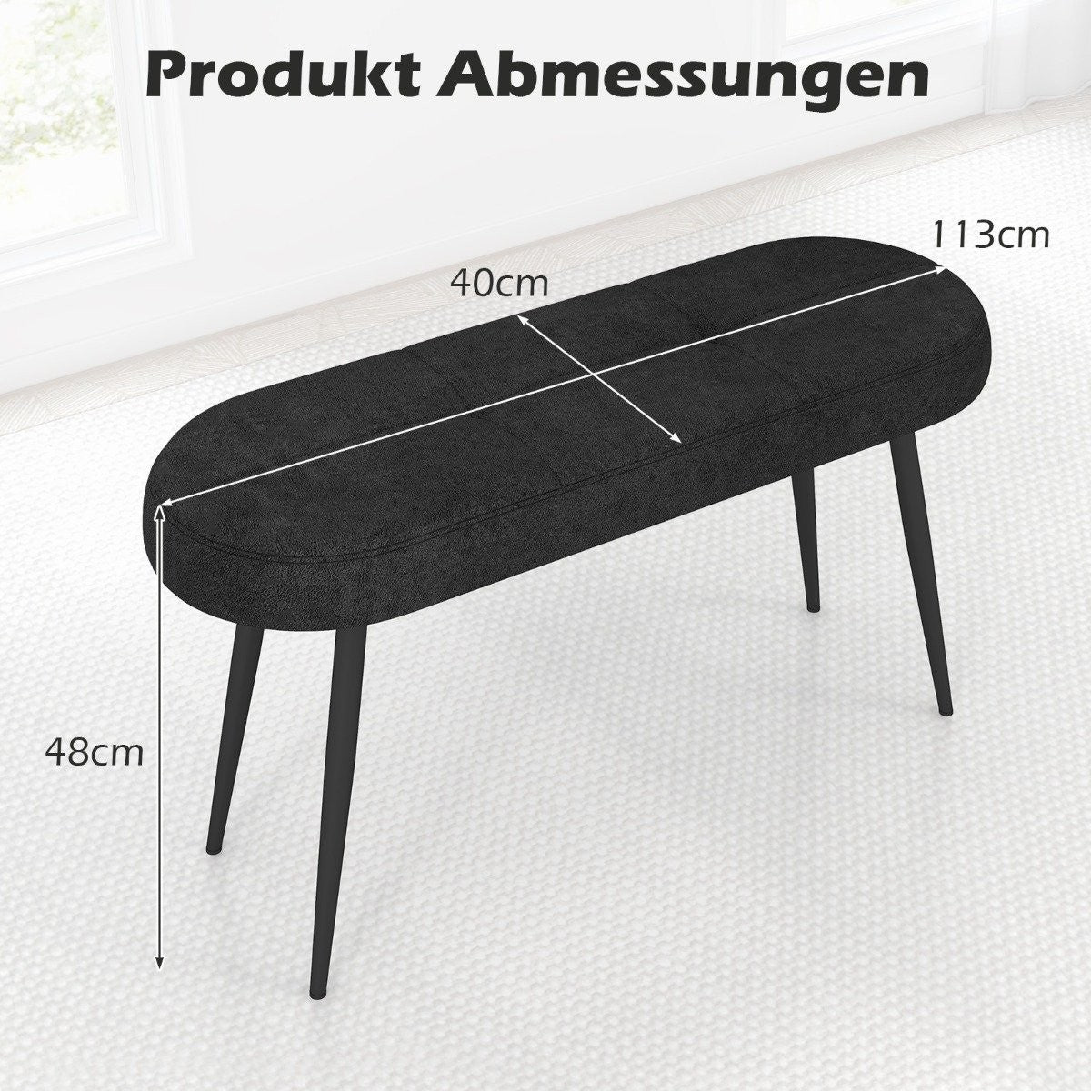 113 cm bench with cushions &amp; Metal legs upholstered bench ottoman up to 300 kg load capacity black