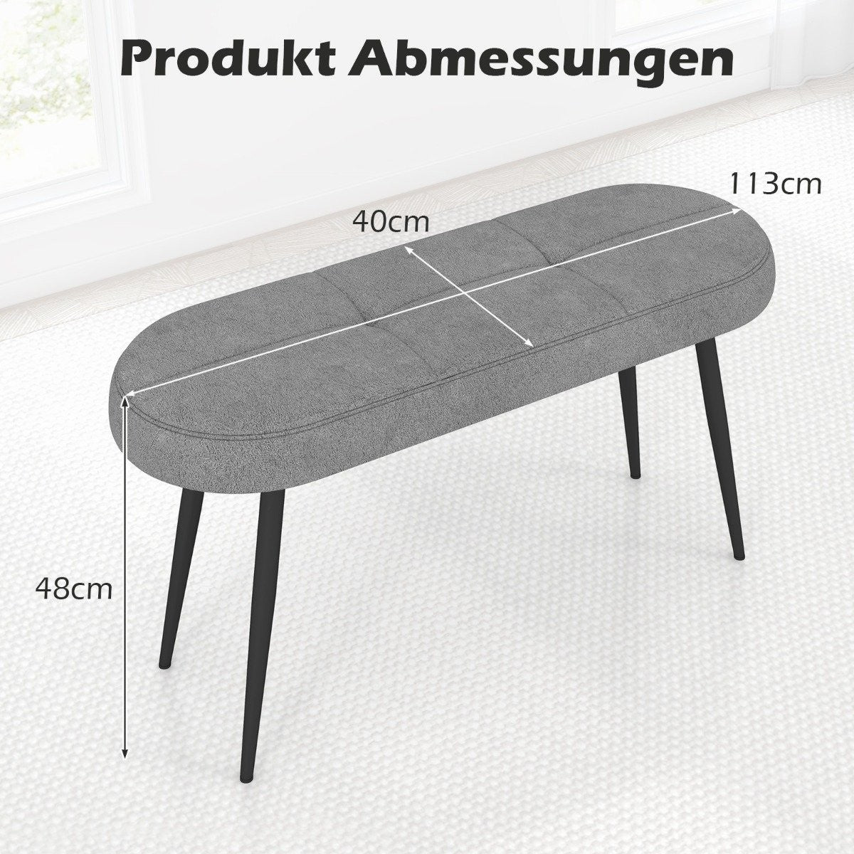 113 cm bench with cushions &amp; Metal legs upholstered bench ottoman up to 300 kg load capacity grey