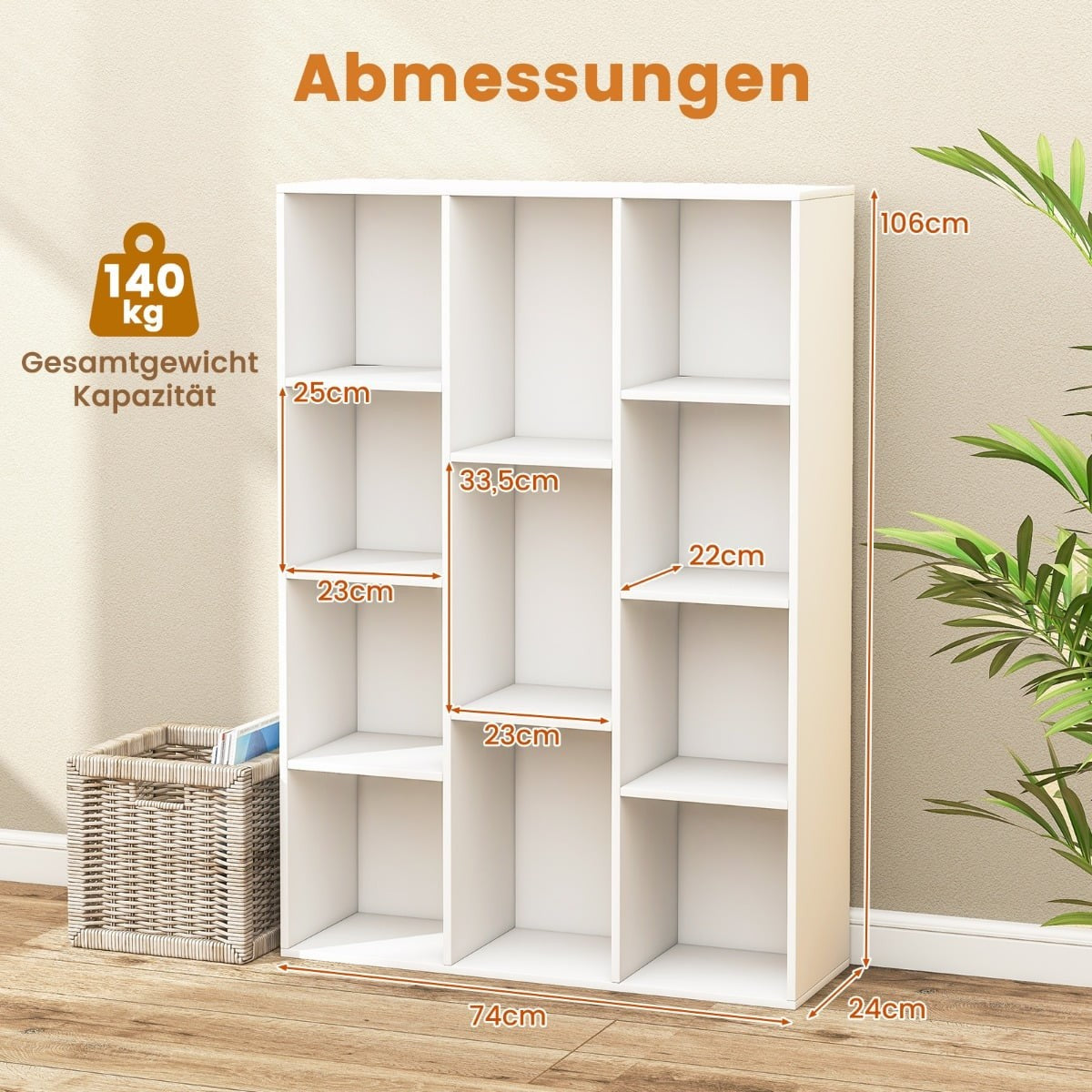 11-Shelf White Bookcase, 74x24x106 cm, Freestanding