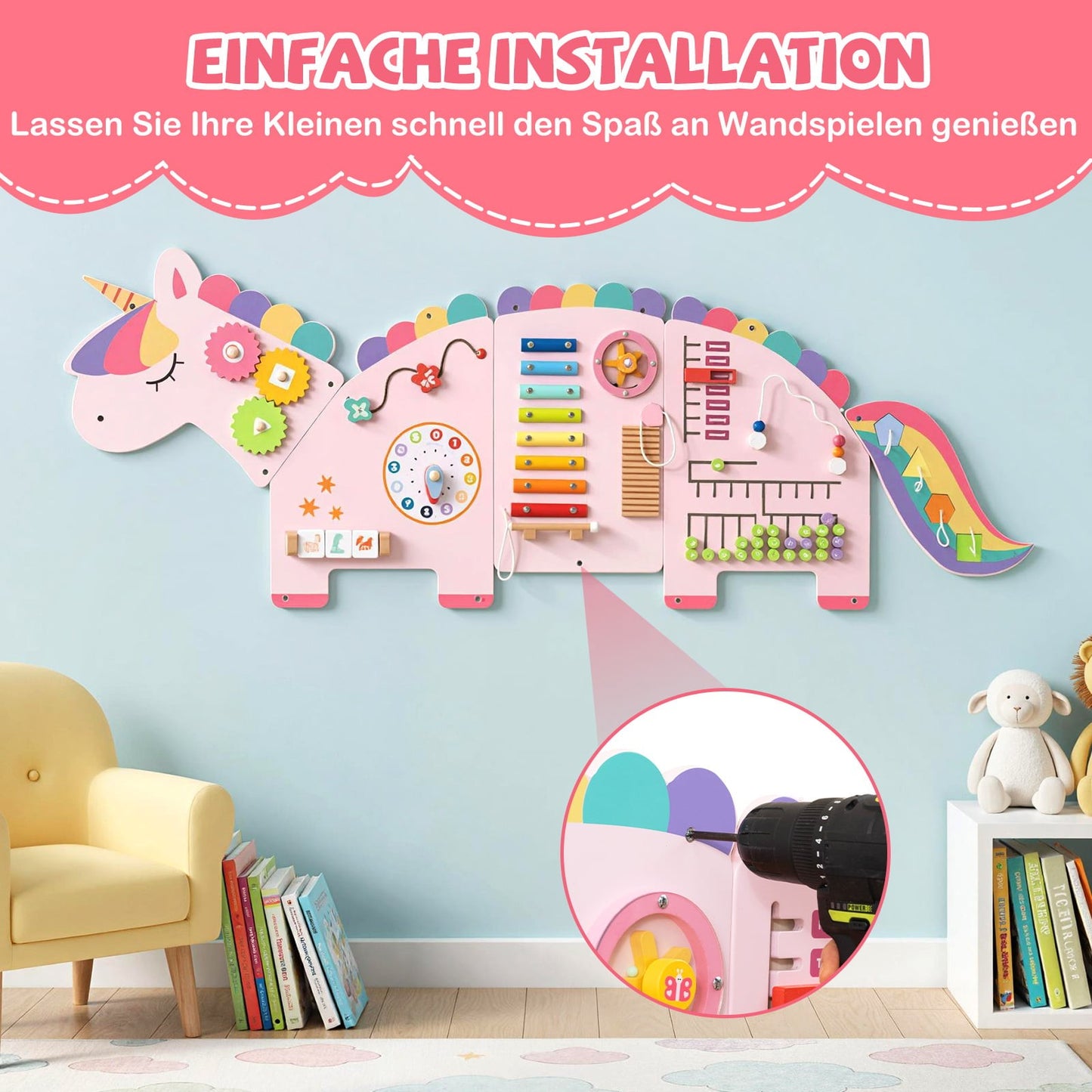 11-in-1 Unicorn Activity Wall for Toddlers, Montessori Sensory Board