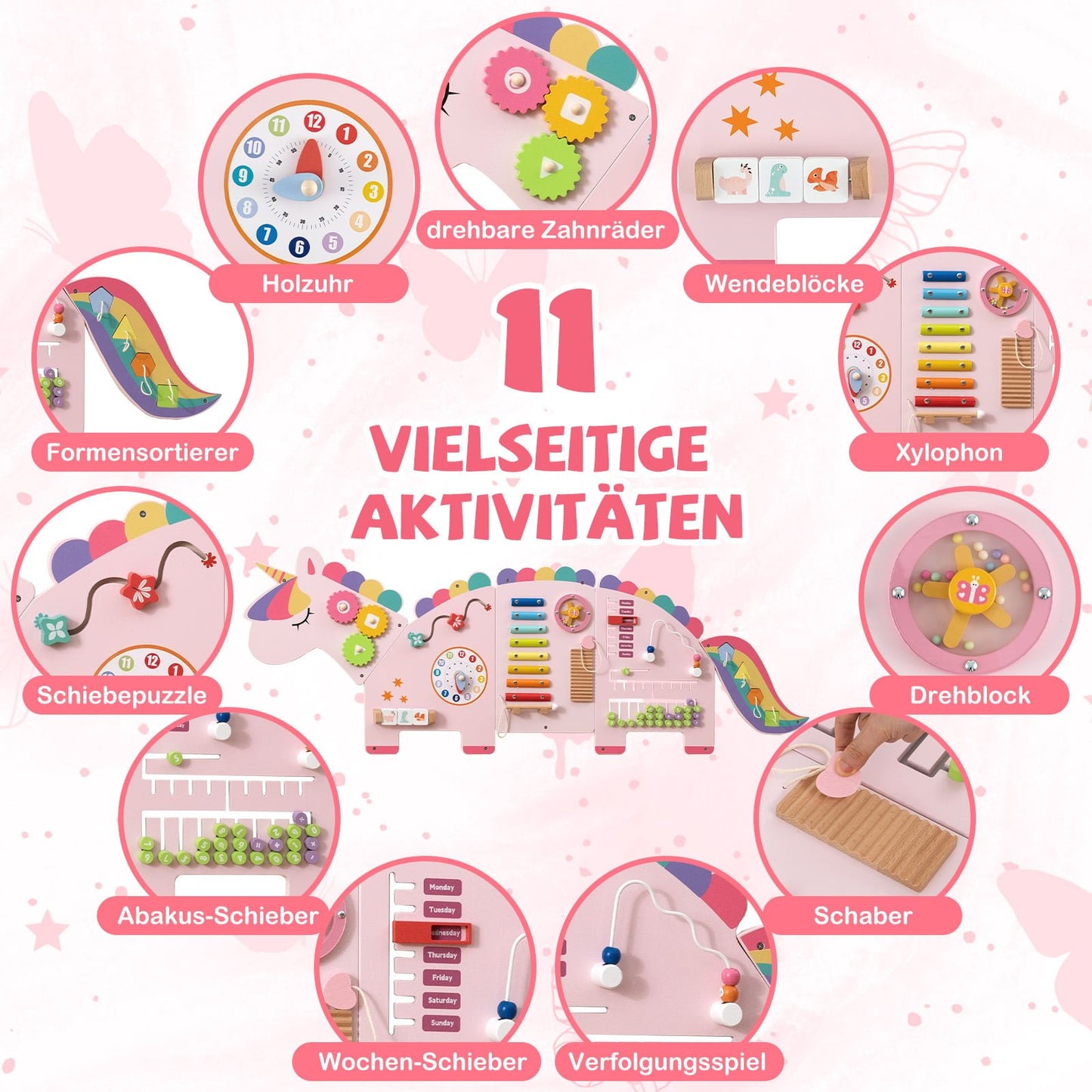 11-in-1 Unicorn Activity Wall for Toddlers, Montessori Sensory Board