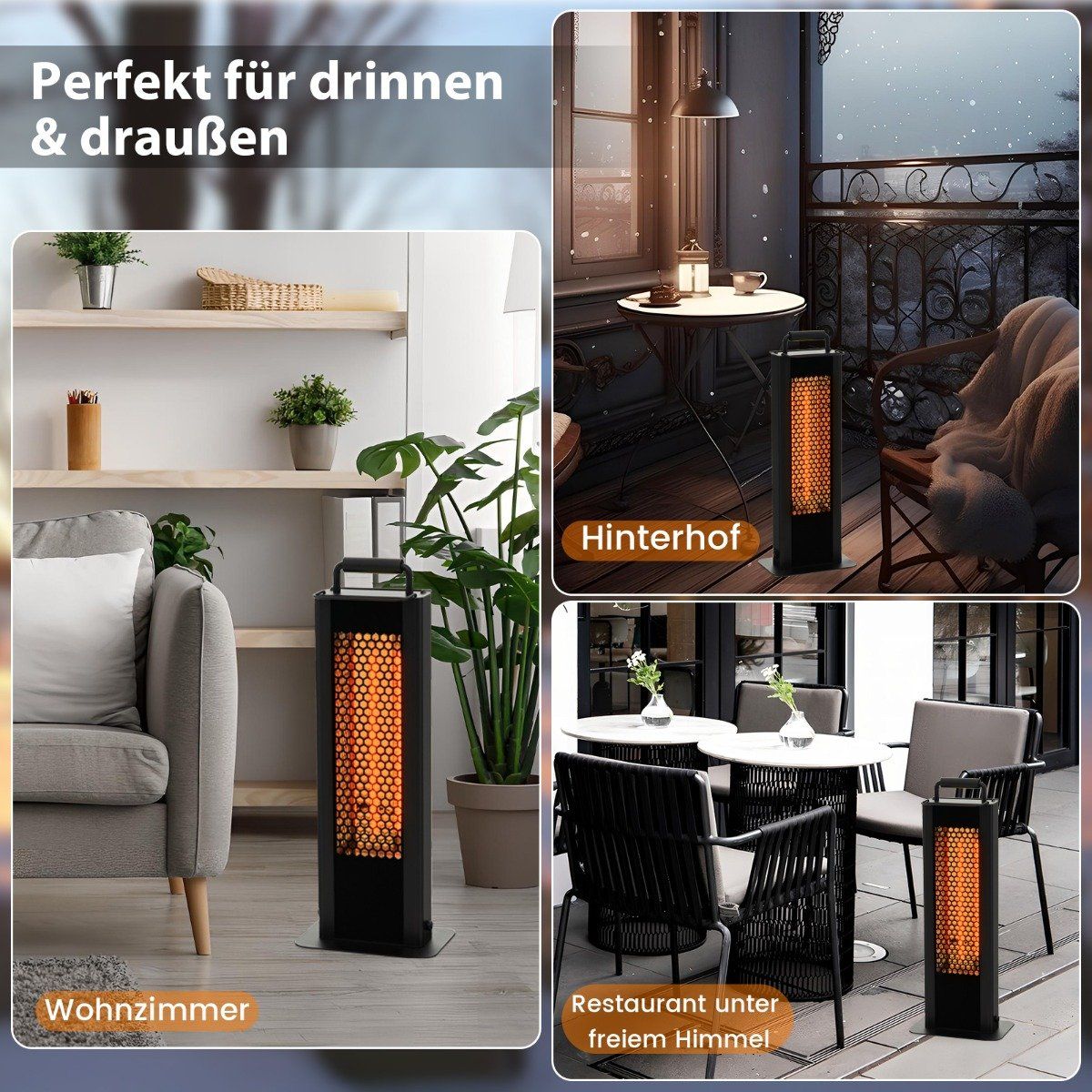 1200W freestanding heater with tipping and overheating protection, electric heater made of aluminum, patio heater, waterproof
