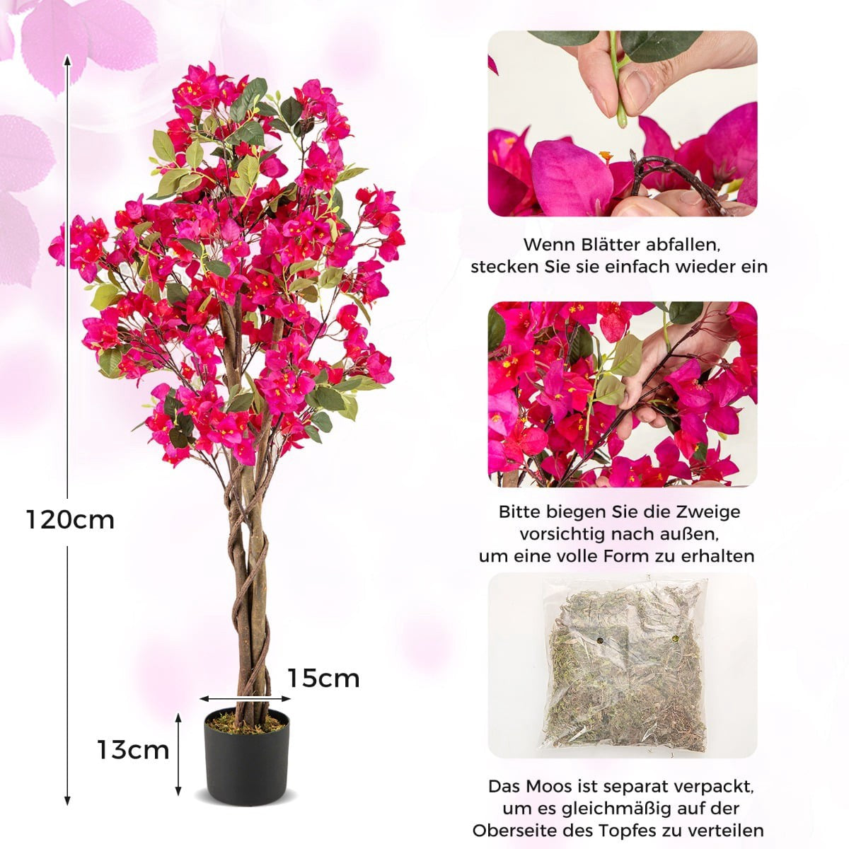120 cm Artificial Bougainvillea Tree with Pot, Pink, 2-Pack