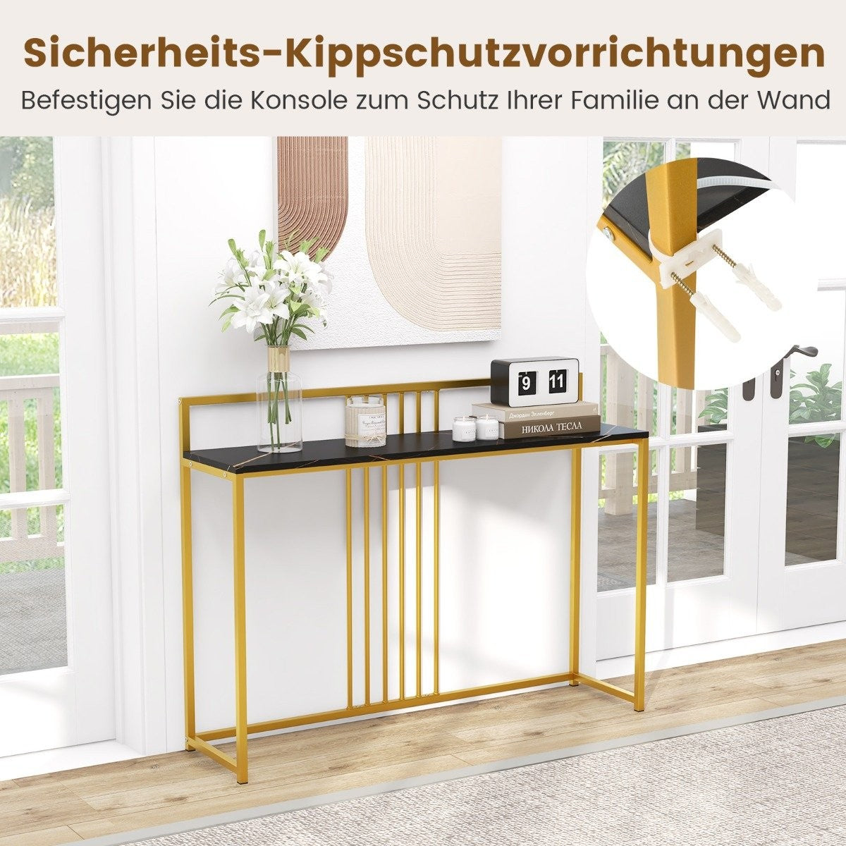 120 cm Console Table with Marble Look & Gold Metal Frame Modern Hallway Table Black